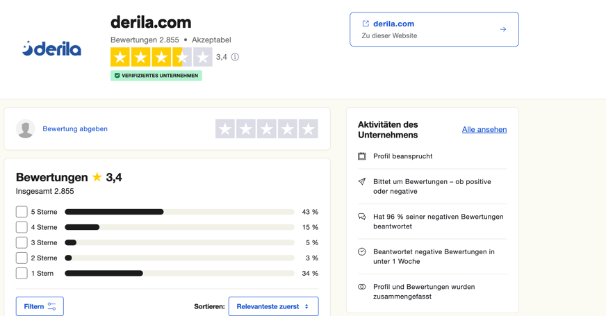 Derila Trustpilot Bewertung